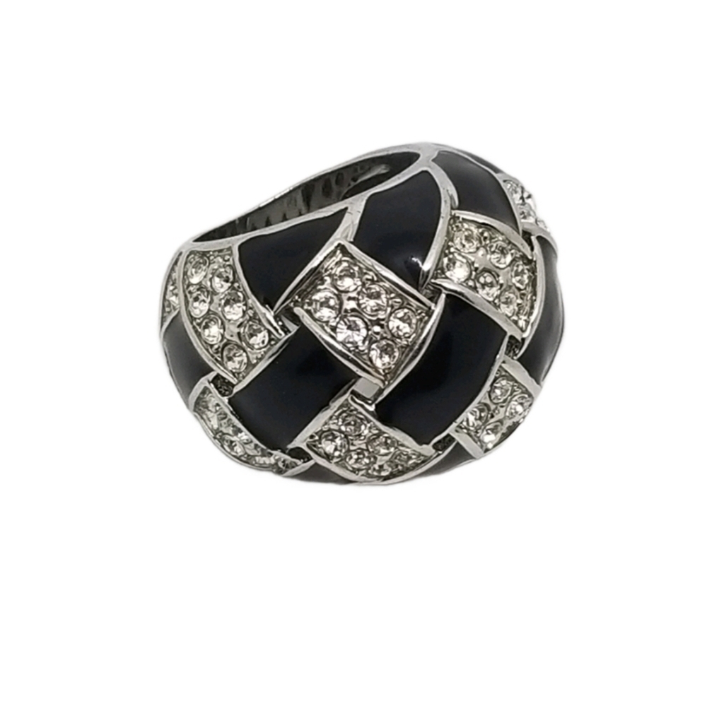 JOAN BOYCE DESIGNER 1980S SILVERTONE, BLACK & CRYSTAL BASKETWEAVE DESIGN RING - Picture 3 of 5